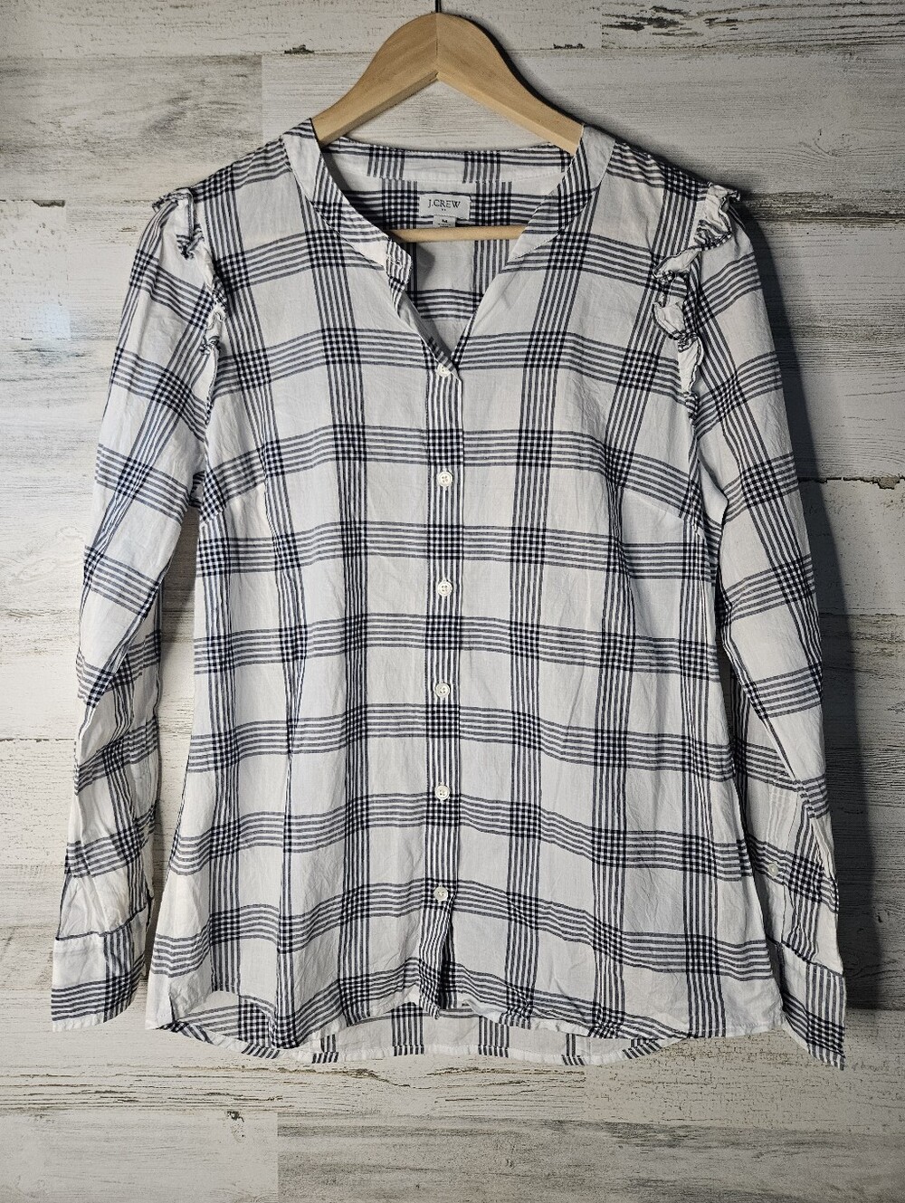 J. Crew Lightweight Cotton Button Down Ruffle Shirt Womens Medium White Navy